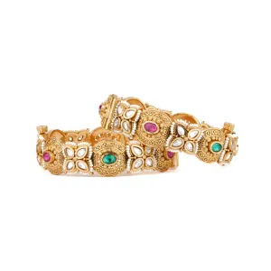 Gold Plated Kundan With Pink & Green Onyx Stone Bangles, Set of 2