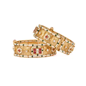 Gold Plated Red & Green Onyx Stone With Pearl Studded Bangles, Set of 2