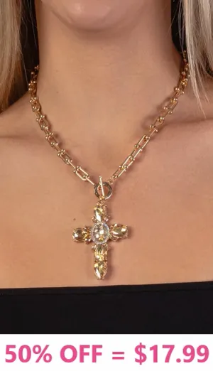 Gold Toggle Necklace with Bling Champagne ornate cross pendant