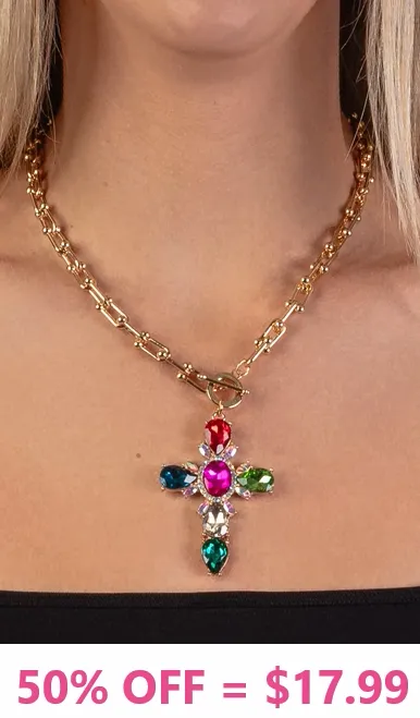 Gold Toggle Necklace with Bling Colorful ornate cross pendant