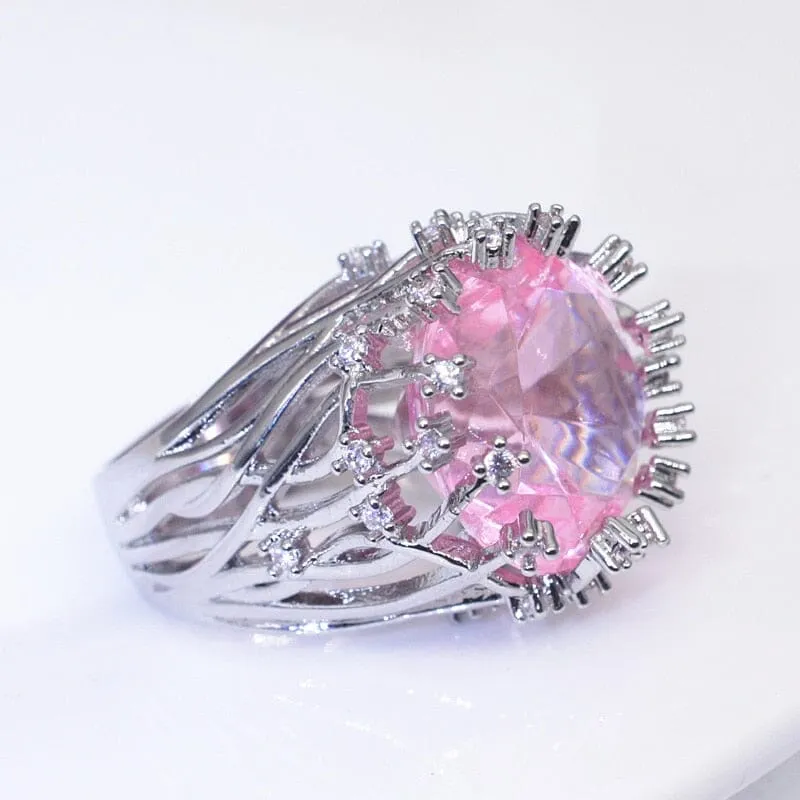 Inlaid Pink Crystal Exaggerated Silver Ring