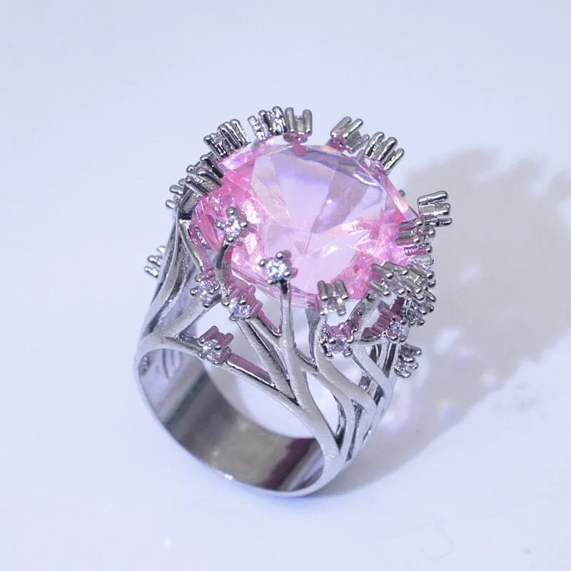 Inlaid Pink Crystal Exaggerated Silver Ring