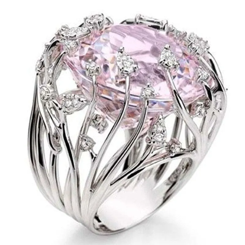 Inlaid Pink Crystal Exaggerated Silver Ring