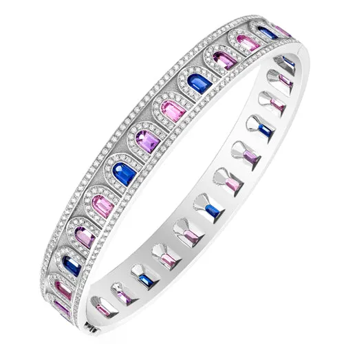 L'Arc Deco Bangle in Platinum with DAVIDOR Arch Cut Blue Pink and Violet Sapphires and Brilliant Diamonds