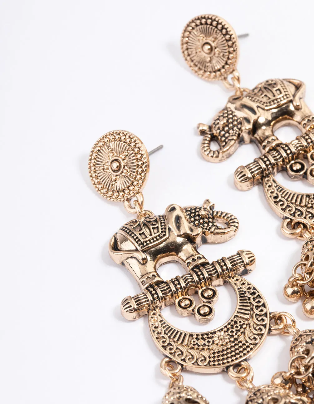 Long Antique Gold Elephant Jhumka Earrings