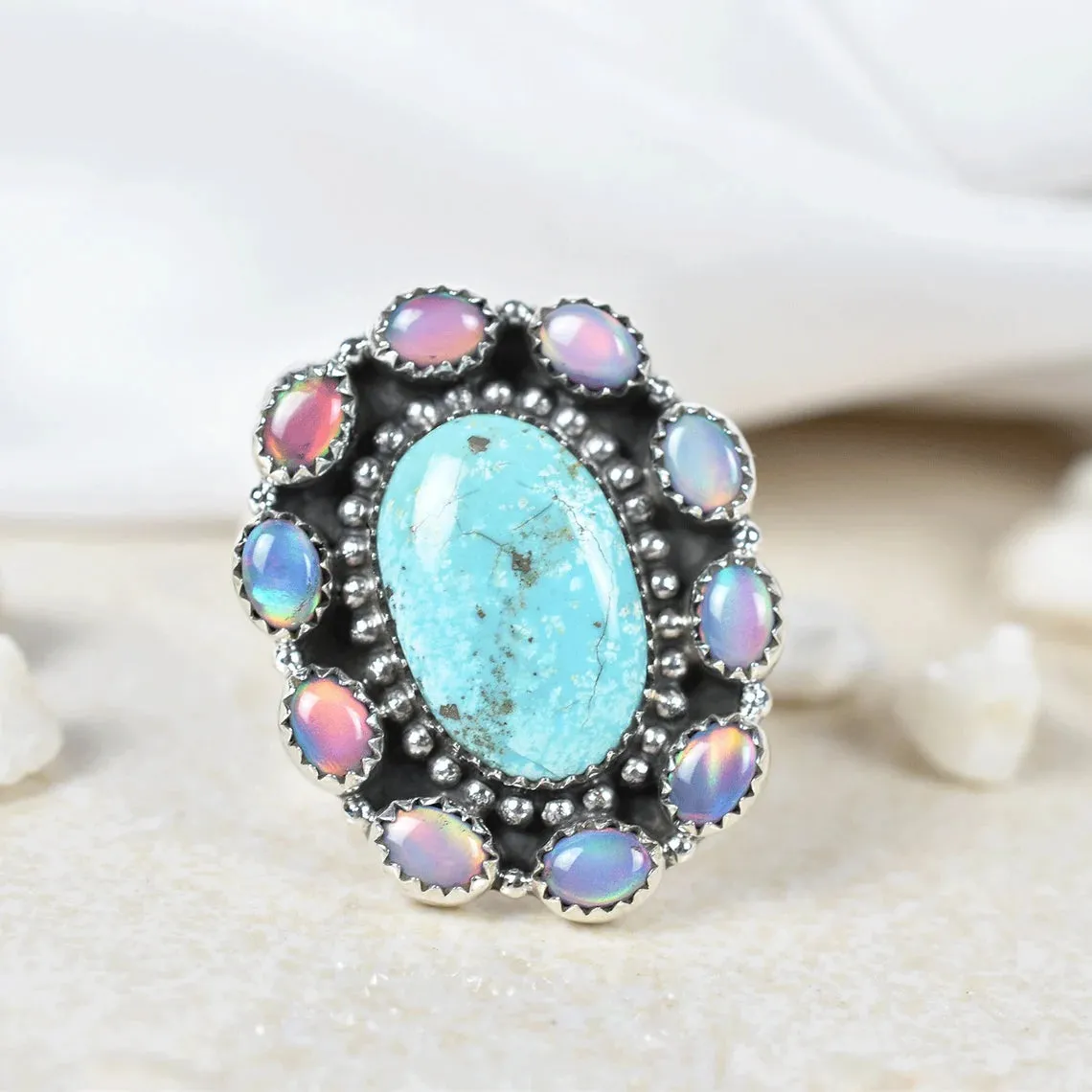 Native American Aurora Opal And Turquoise Cluster Rings - 925 Sterling Silver Bohemian Rings