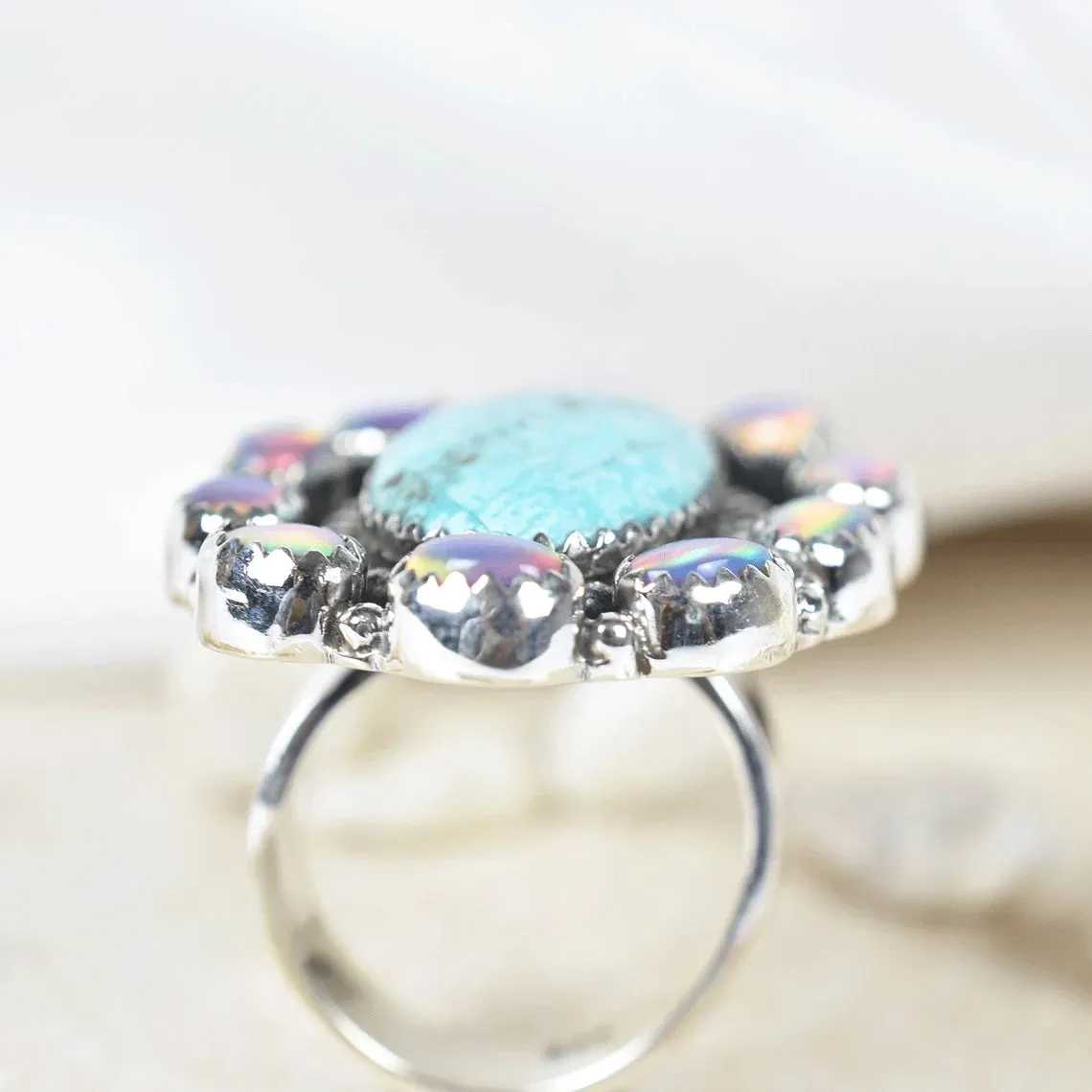 Native American Aurora Opal And Turquoise Cluster Rings - 925 Sterling Silver Bohemian Rings