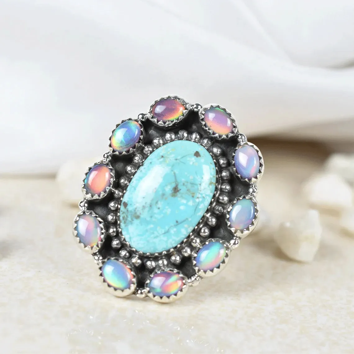 Native American Aurora Opal And Turquoise Cluster Rings - 925 Sterling Silver Bohemian Rings