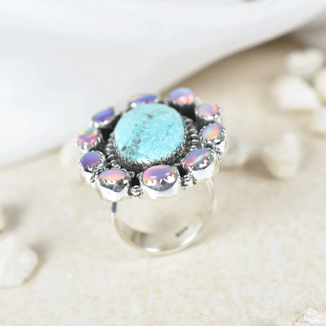 Native American Aurora Opal And Turquoise Cluster Rings - 925 Sterling Silver Bohemian Rings