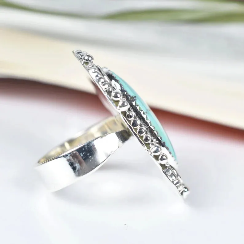 Native American Elongated Oval Turquoise Rings - 925 Sterling Silver Handmade Vintage Rings