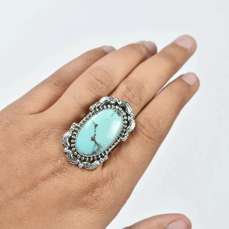 Native American Elongated Oval Turquoise Rings - 925 Sterling Silver Handmade Vintage Rings