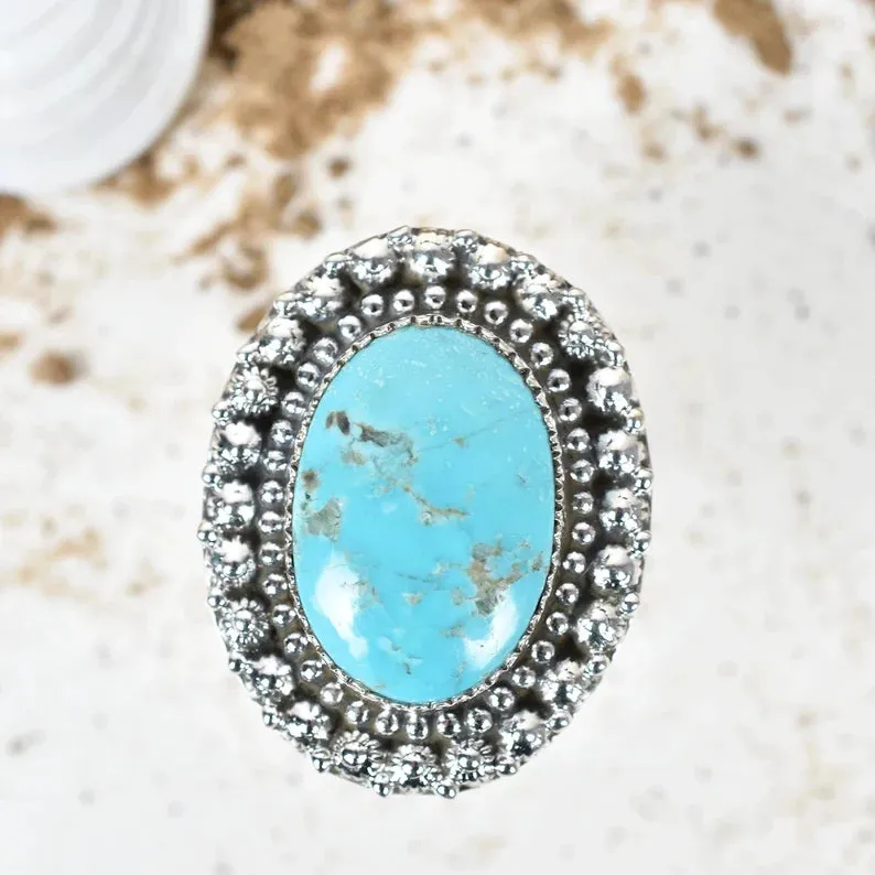 Native American Large Oval Turquoise Rings - 925 Sterling Silver Handmade Vintage Rings