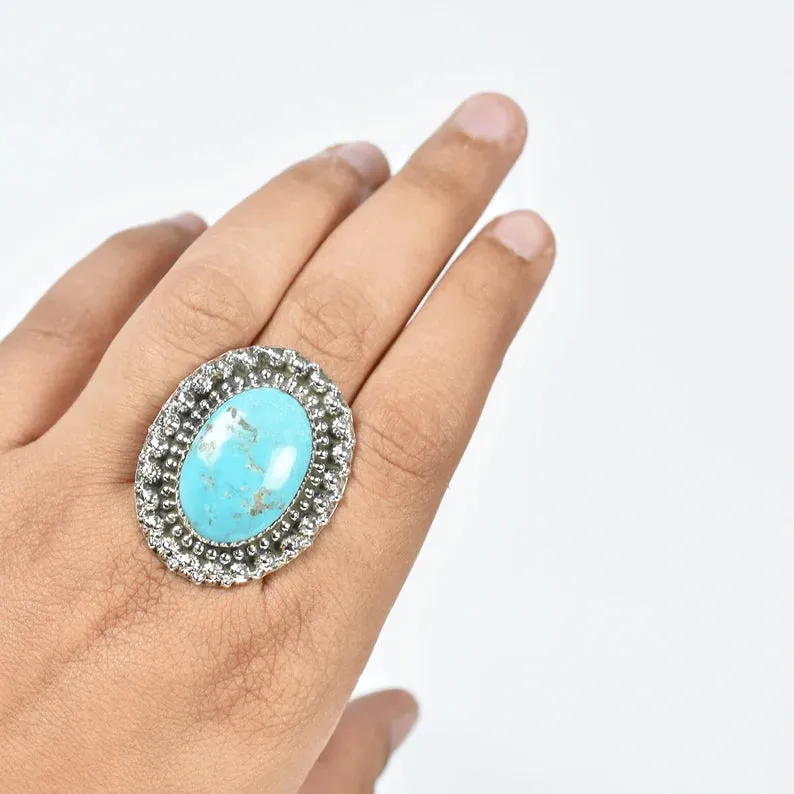 Native American Large Oval Turquoise Rings - 925 Sterling Silver Handmade Vintage Rings