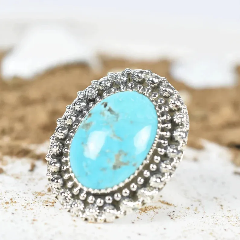 Native American Large Oval Turquoise Rings - 925 Sterling Silver Handmade Vintage Rings