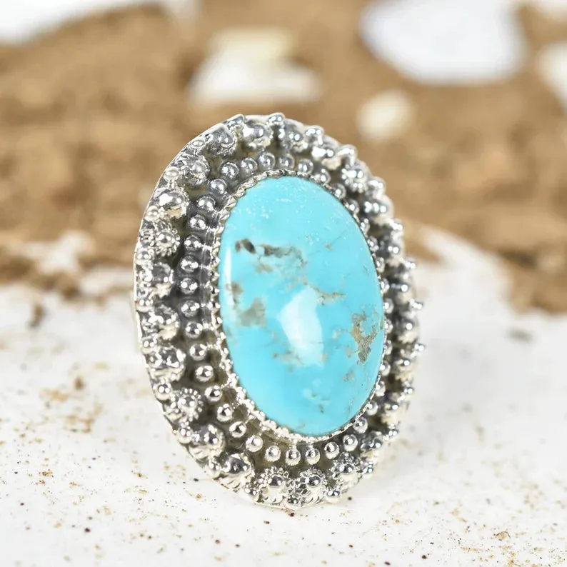 Native American Large Oval Turquoise Rings - 925 Sterling Silver Handmade Vintage Rings