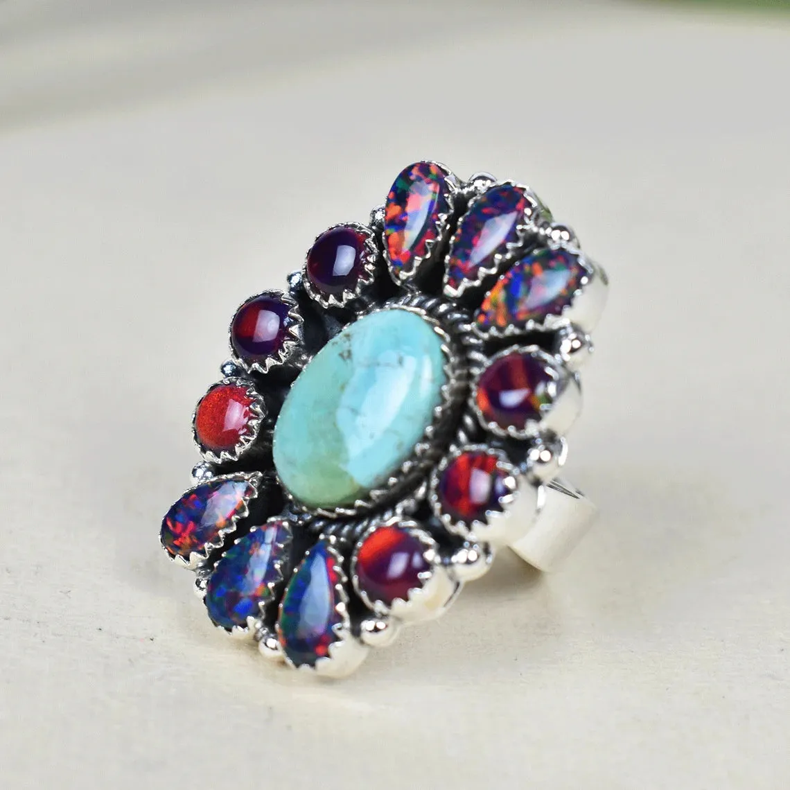 Native American Mohave Turquoise And Aurora Opal Cluster Rings - 925 Sterling Silver Handmade Vintage Rings