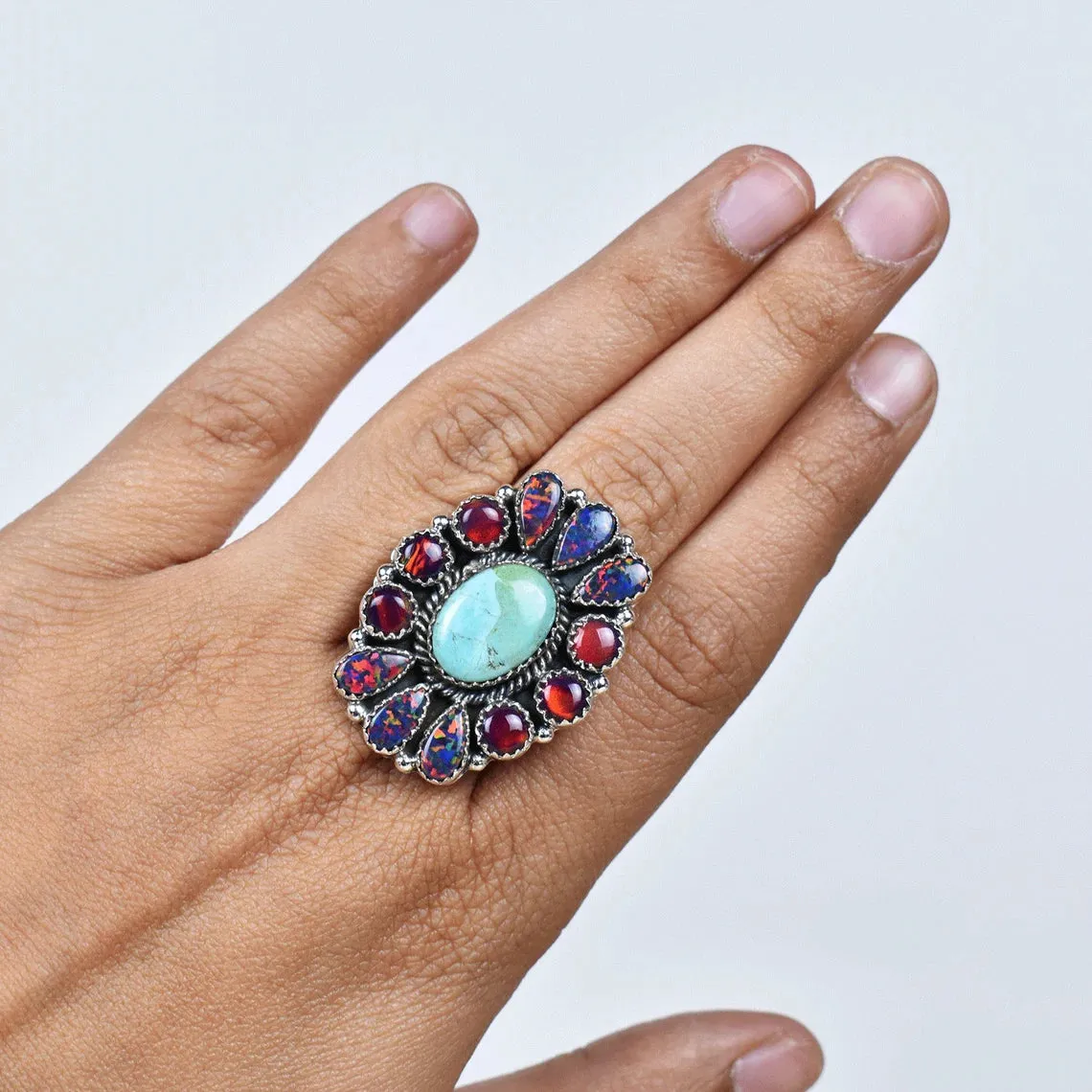 Native American Mohave Turquoise And Aurora Opal Cluster Rings - 925 Sterling Silver Handmade Vintage Rings