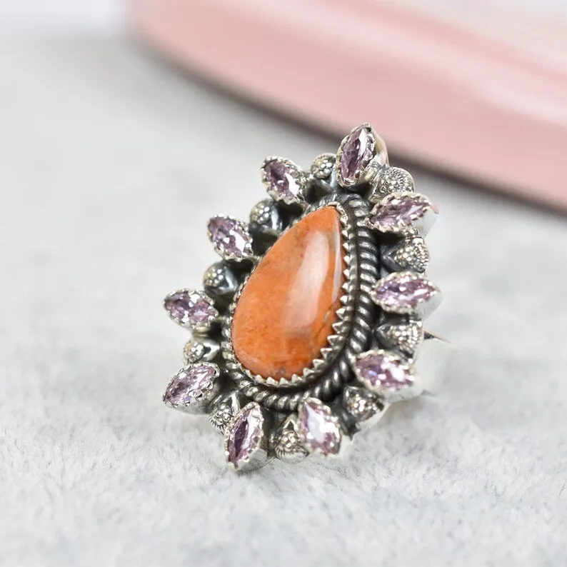 Native American Orange Coral And Pink Cz Cluster Rings - 925 Sterling Silver Boho Rings