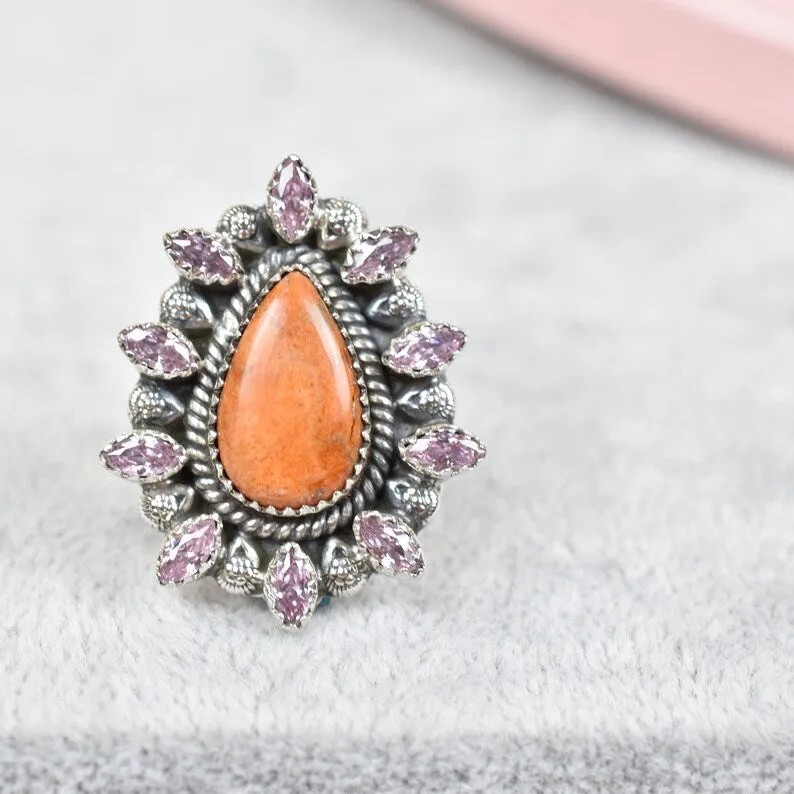 Native American Orange Coral And Pink Cz Cluster Rings - 925 Sterling Silver Boho Rings