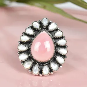 Native American Pink Conch Shell & White Pearl 925 Sterling Silver Rings