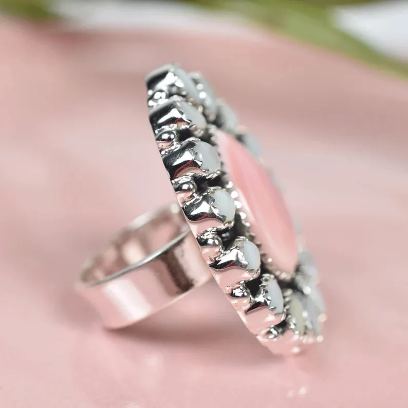 Native American Pink Conch Shell & White Pearl 925 Sterling Silver Rings