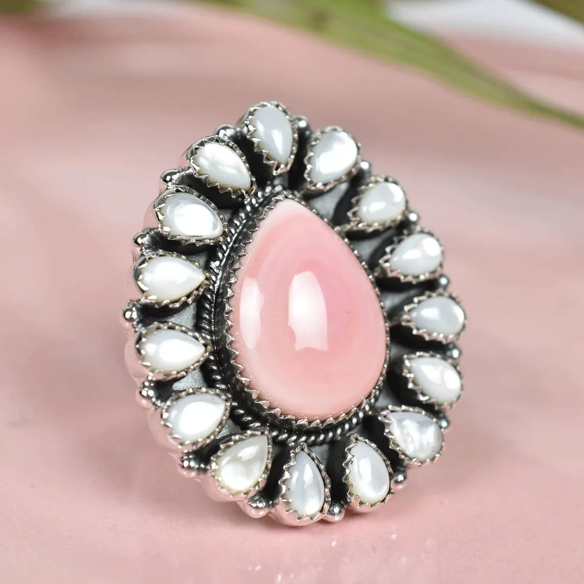 Native American Pink Conch Shell & White Pearl 925 Sterling Silver Rings