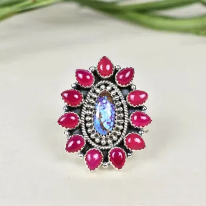 Native American Pink Onyx And Purple Copper Turquoise Cluster Rings - 925 Sterling Silver Handmade Vintage Rings