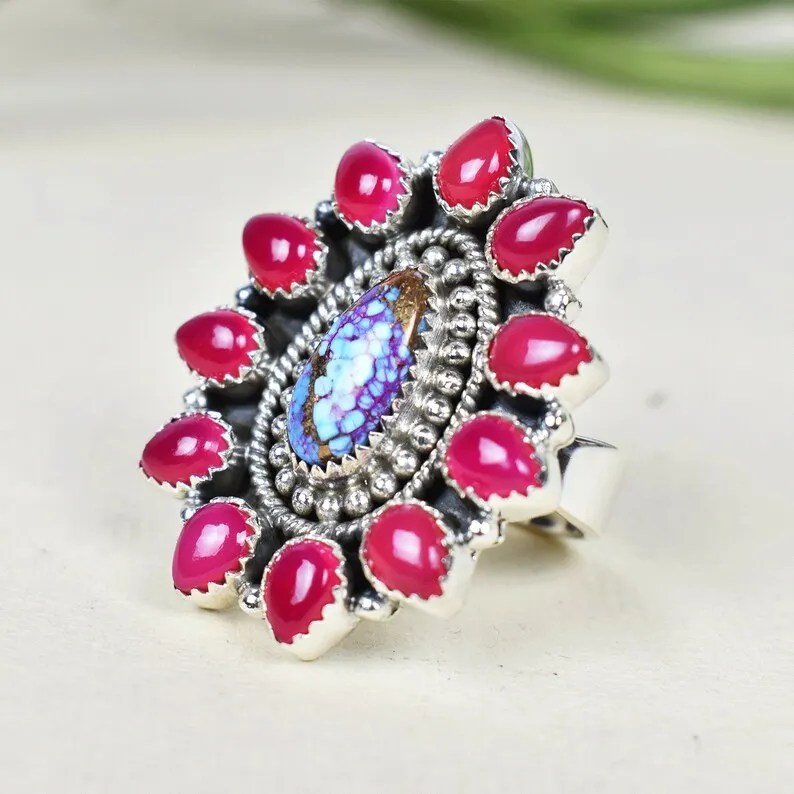 Native American Pink Onyx And Purple Copper Turquoise Cluster Rings - 925 Sterling Silver Handmade Vintage Rings