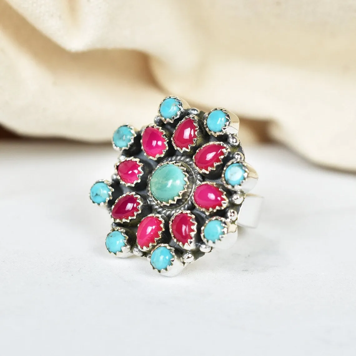 Native American Turquoise & Pink Onyx Cluster Rings - 925 Sterling Silver Handmade Vintage Rings