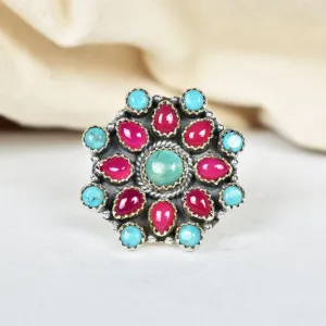 Native American Turquoise & Pink Onyx Cluster Rings - 925 Sterling Silver Handmade Vintage Rings