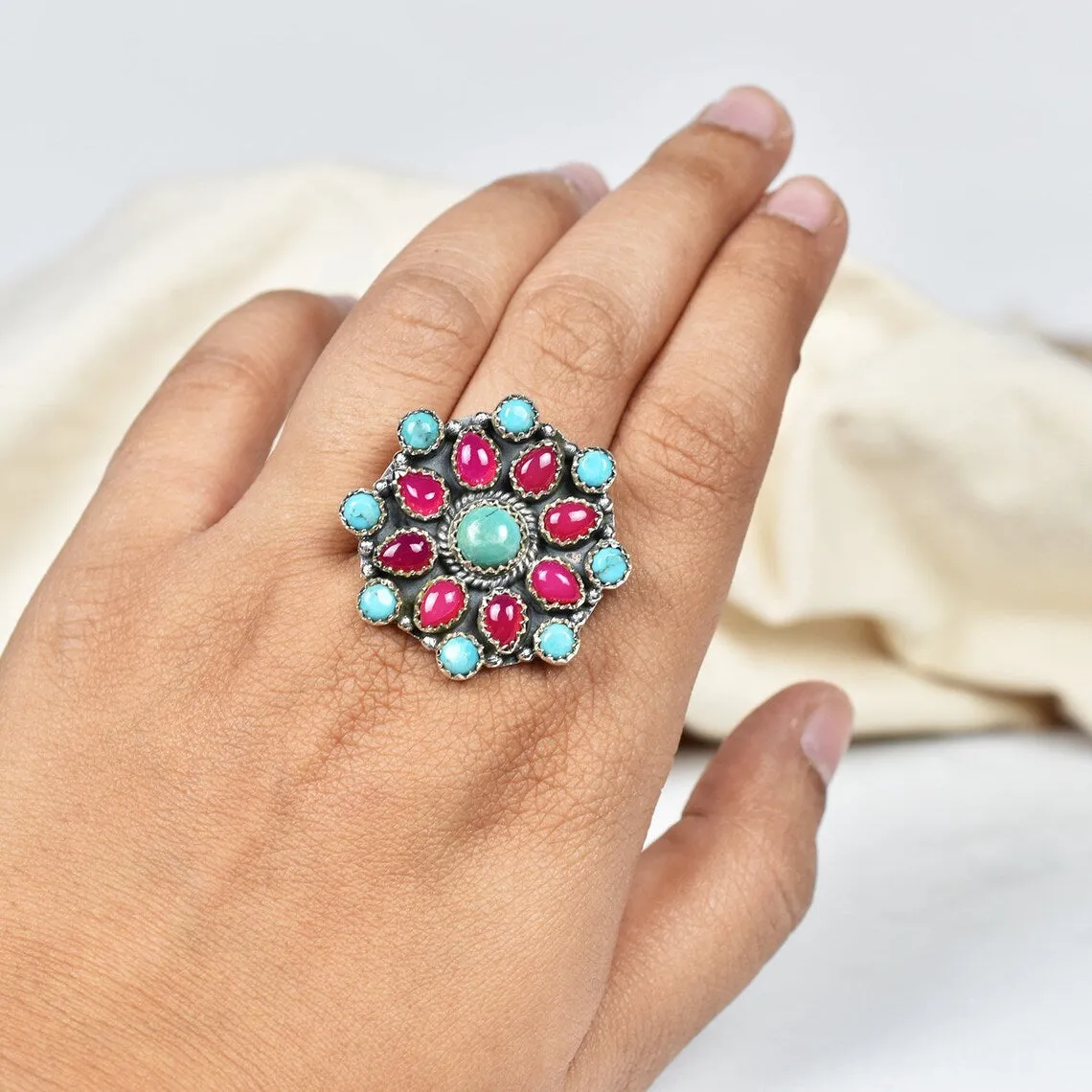 Native American Turquoise & Pink Onyx Cluster Rings - 925 Sterling Silver Handmade Vintage Rings