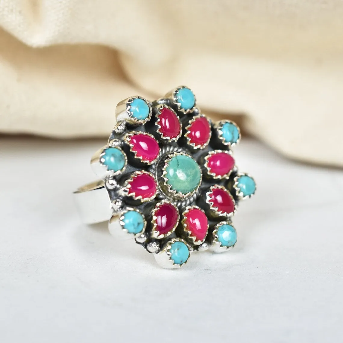 Native American Turquoise & Pink Onyx Cluster Rings - 925 Sterling Silver Handmade Vintage Rings