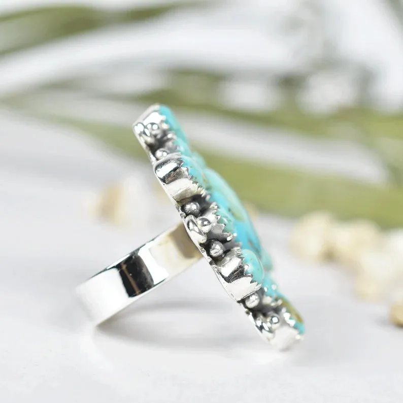 Native American Turquoise Cluster Ring - 925 Sterling Silver Vintage Handmade Rings