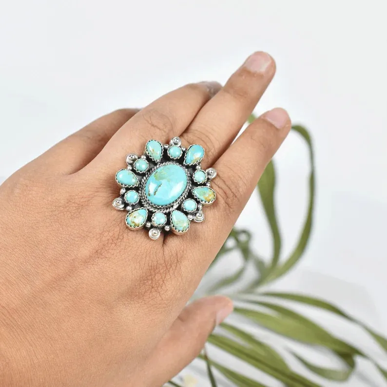 Native American Turquoise Cluster Ring - 925 Sterling Silver Vintage Handmade Rings