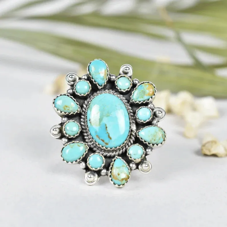 Native American Turquoise Cluster Ring - 925 Sterling Silver Vintage Handmade Rings