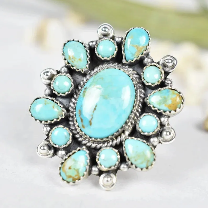 Native American Turquoise Cluster Ring - 925 Sterling Silver Vintage Handmade Rings