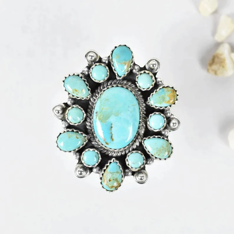 Native American Turquoise Cluster Ring - 925 Sterling Silver Vintage Handmade Rings