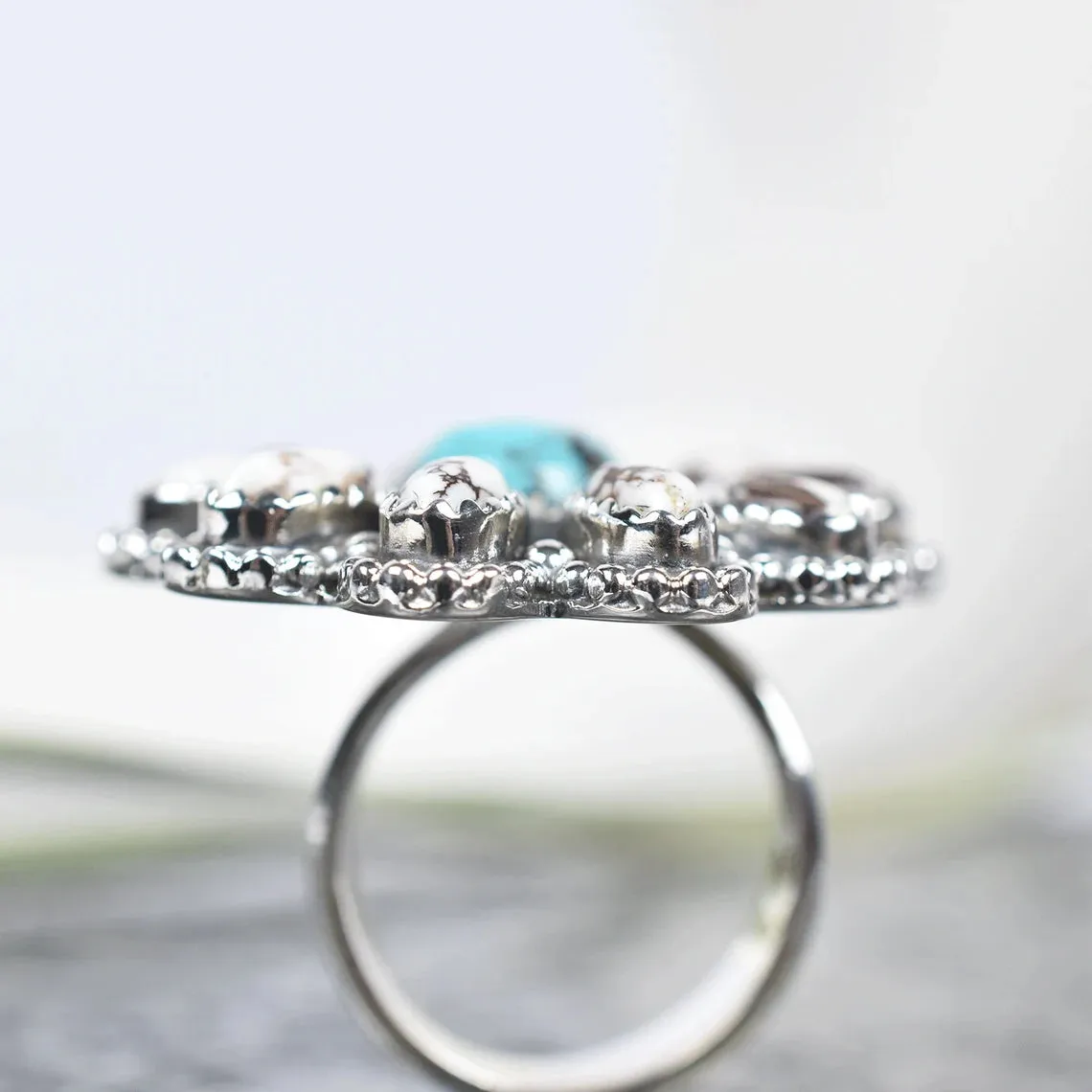 Native American Wild Horse & Turquoise Cluster Rings - 925 Sterling Silver Handmade Vintage Rings