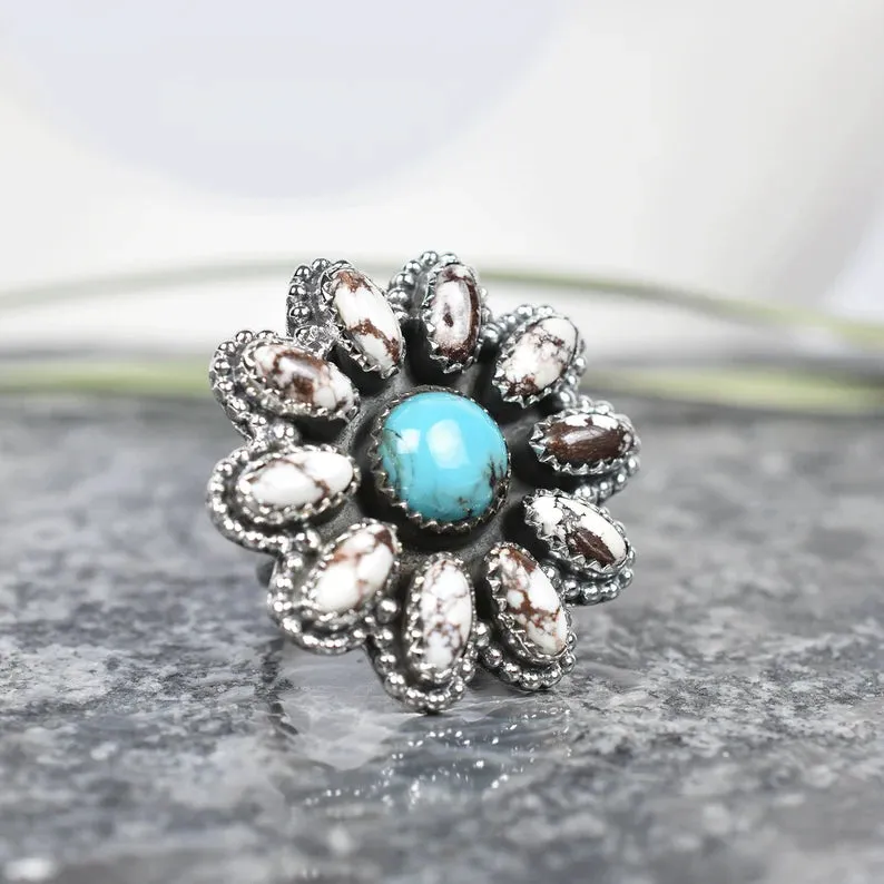 Native American Wild Horse & Turquoise Cluster Rings - 925 Sterling Silver Handmade Vintage Rings