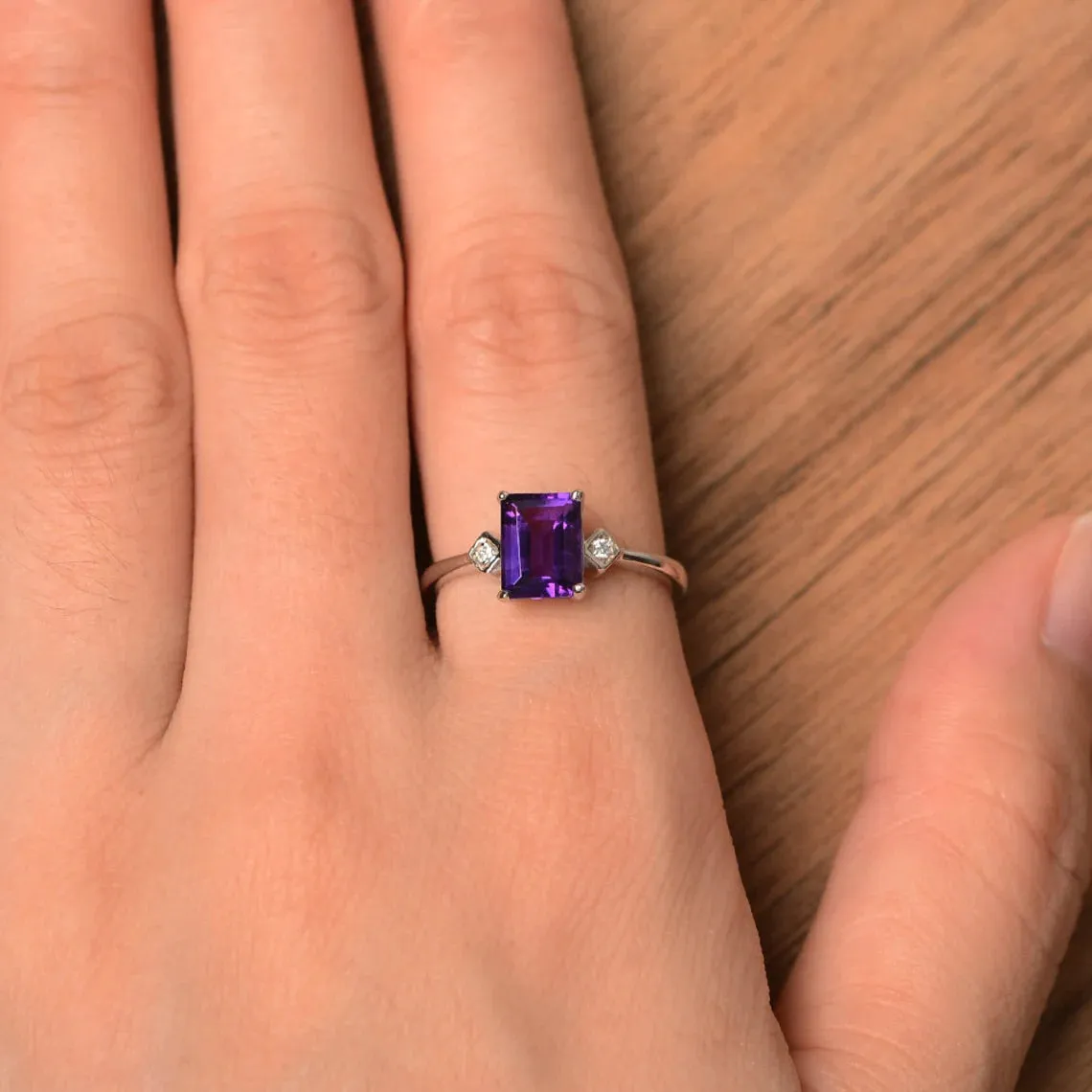 Natural Emerald Cut Amethyst Simple Promise Ring - 925 Sterling Silver Ring