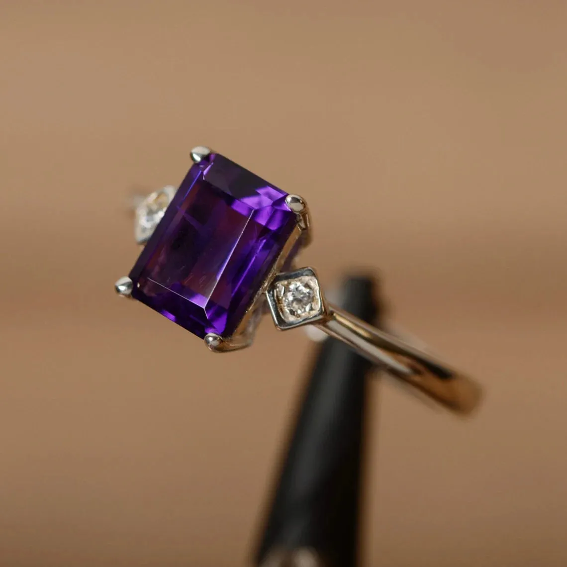 Natural Emerald Cut Amethyst Simple Promise Ring - 925 Sterling Silver Ring