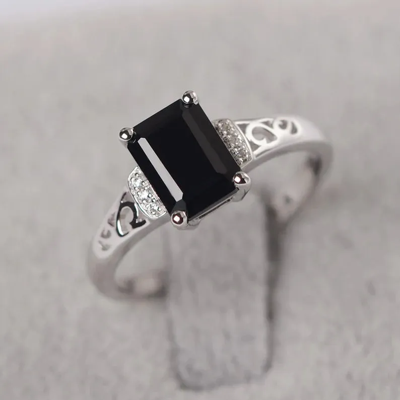 Natural Emerald Cut Black Onyx Promise Ring - 925 Sterling Silver Ring