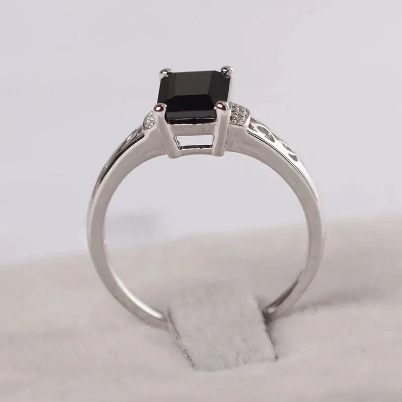 Natural Emerald Cut Black Onyx Promise Ring - 925 Sterling Silver Ring