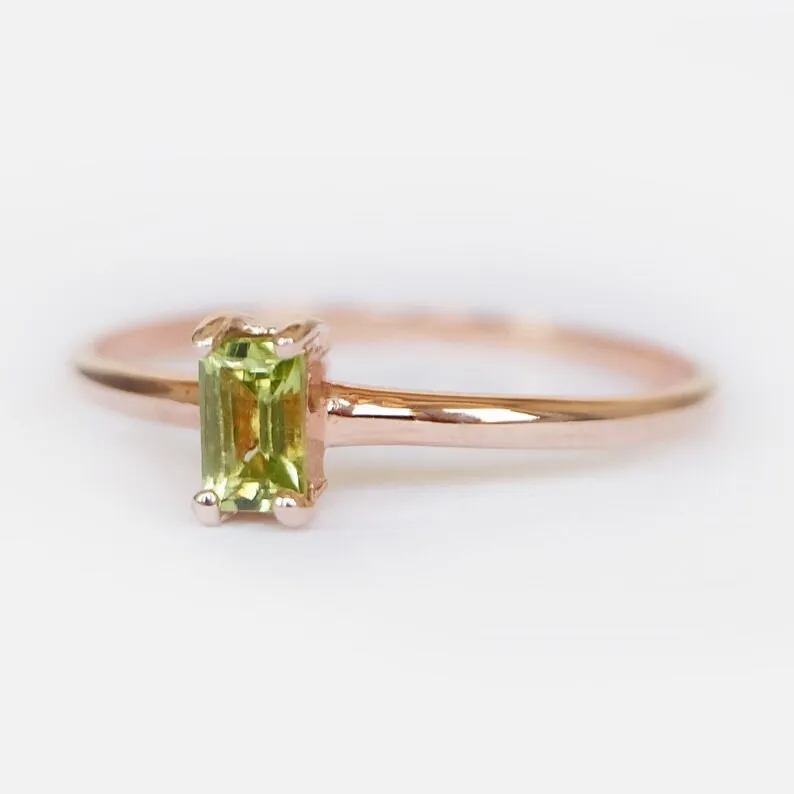 Natural Emerald Cut Peridot Solitaire Rings - 14k Rose Gold Vermeil Rings