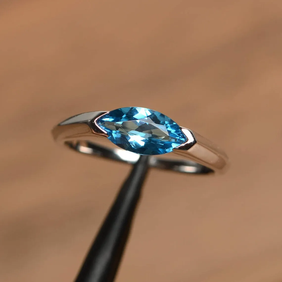 Natural Marquise Cut Swiss Blue Topaz Promise Statement Ring - 925 Sterling Silver Ring