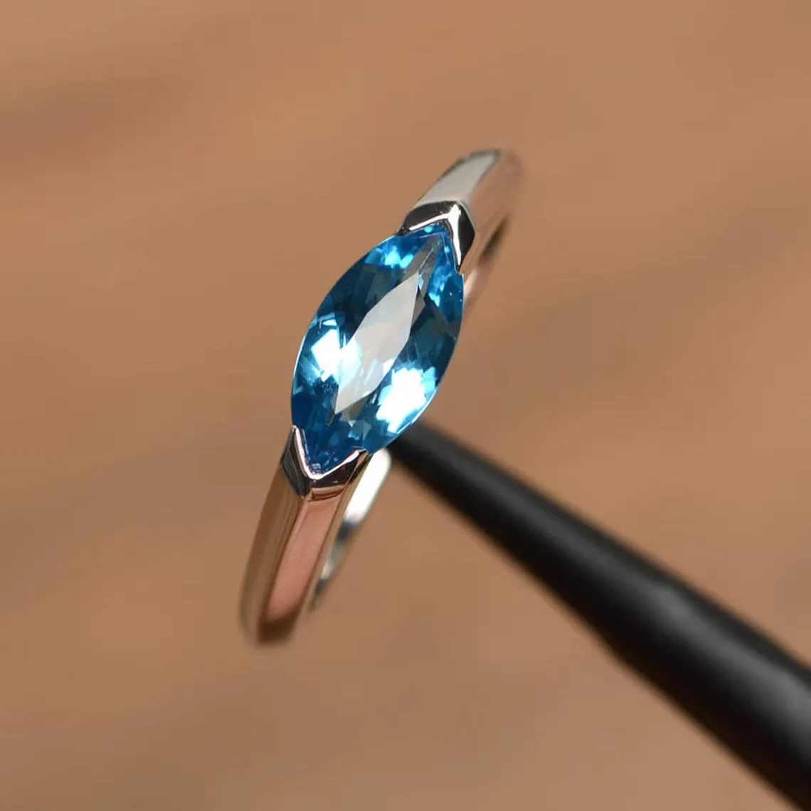 Natural Marquise Cut Swiss Blue Topaz Promise Statement Ring - 925 Sterling Silver Ring