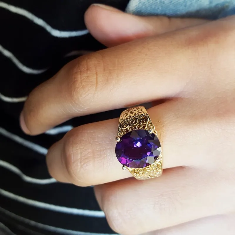 Natural Oval Cut Amethyst Filigree Statement Rings For Women - 14k Gold Vermeil Ring