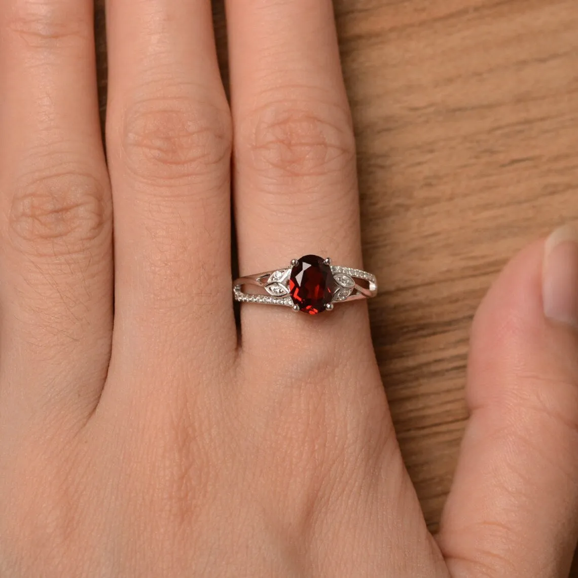 Natural Oval Cut Garnet Wedding Ring - 925 Sterling Silver Rings