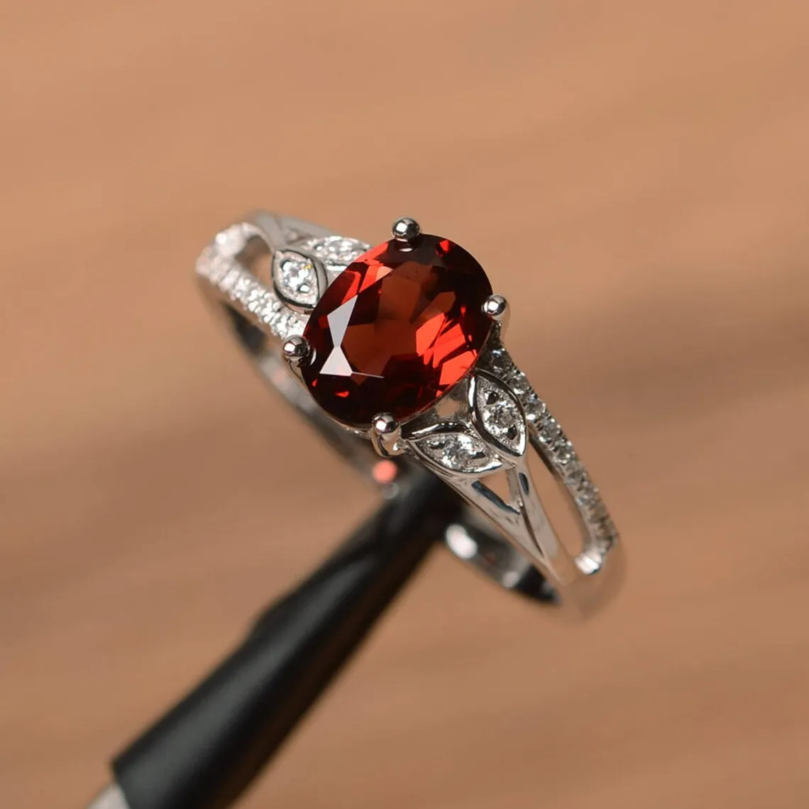 Natural Oval Cut Garnet Wedding Ring - 925 Sterling Silver Rings