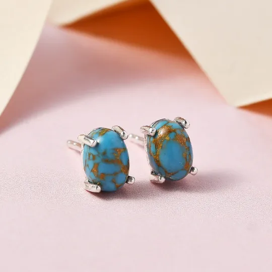 Natural Oval Cut Turquoise Simple Solitaire Studs For Women - 925 Sterling Silver Studs